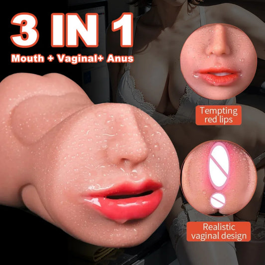 3 in 1 Male Masturbator Realistic Vagina Anal Mouth Real Deep Pussy Throat Sex Toys for Men Women Vaginal Oral Masturbation Cup